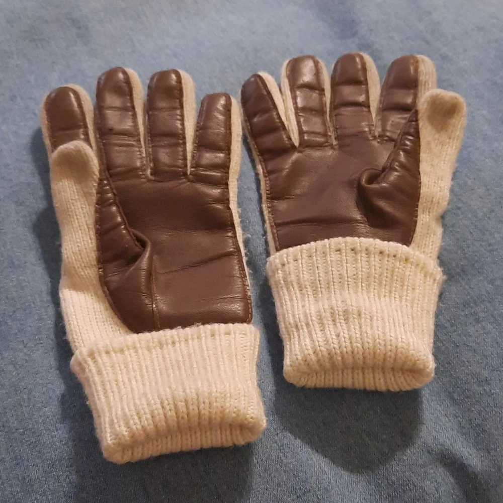 Vintage 1970's winter gloves riding gloves leather and knit  motorcycle